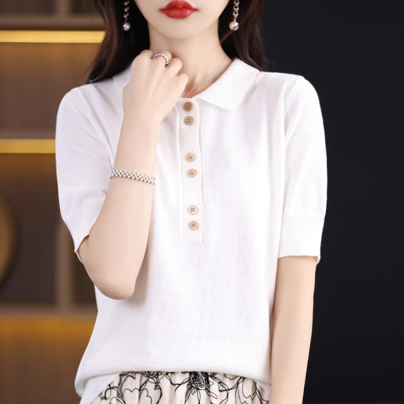 Summer Sweater Short-sleeved Womens Button One Tone Pullover Bottom Blouse Top