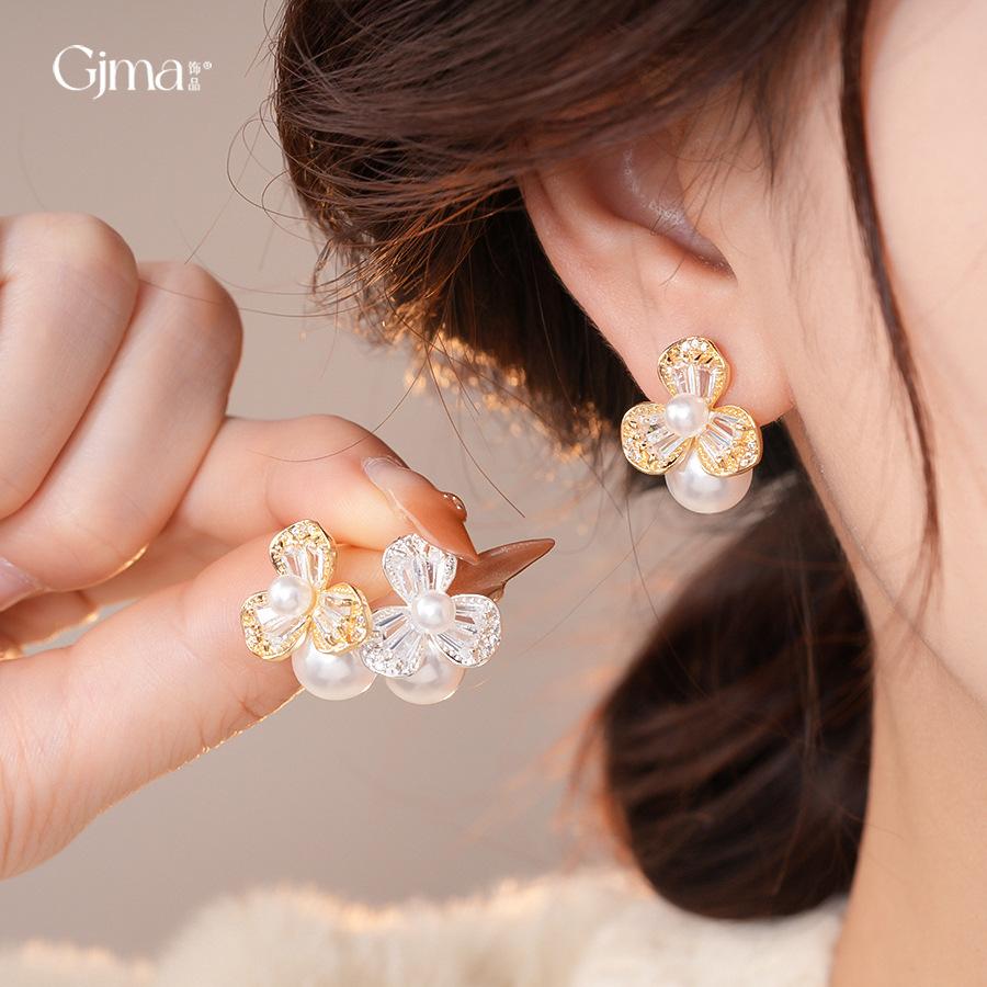 French Elegant Zircon Flower Pearl Earrings Earrings Delicate Temperament Earrings Women