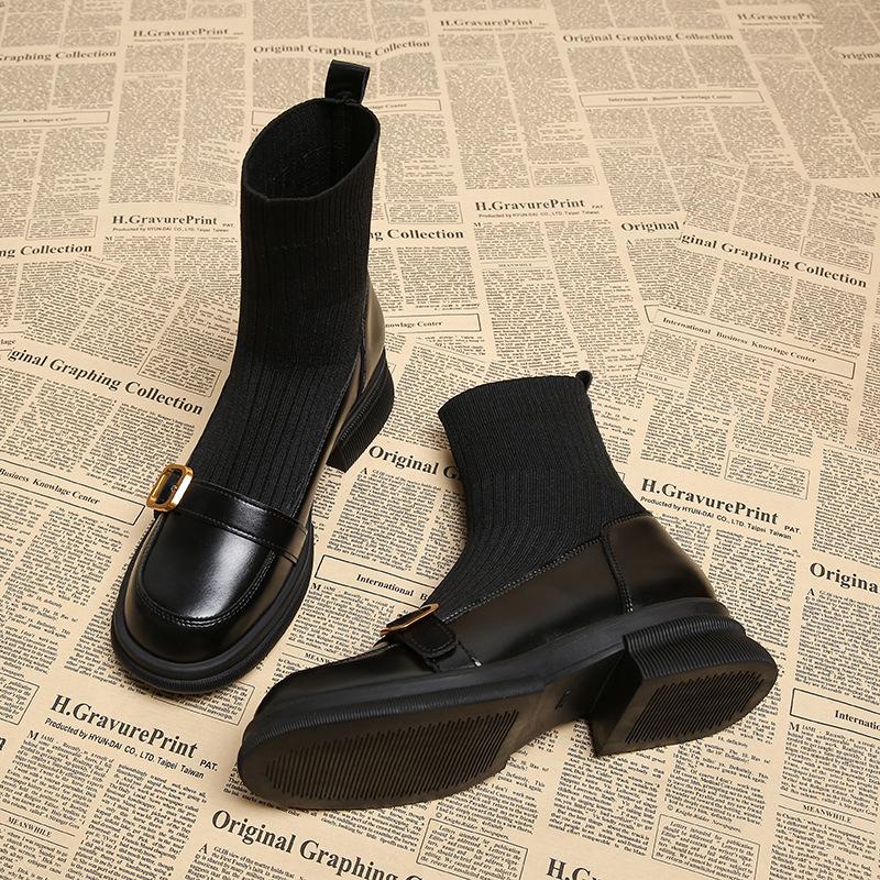Leather elastic socks boots women's new spring and autumn single boots knitted socks boots thin fried street short boots