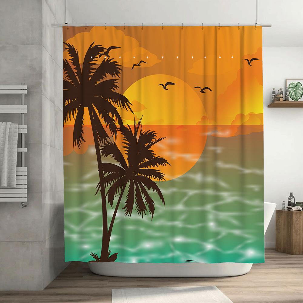 Sunset Palm Tree Bath Shower Curtain Tropical Beach Decor Polyester Fabric Waterproof Sun Print Home Decoration
