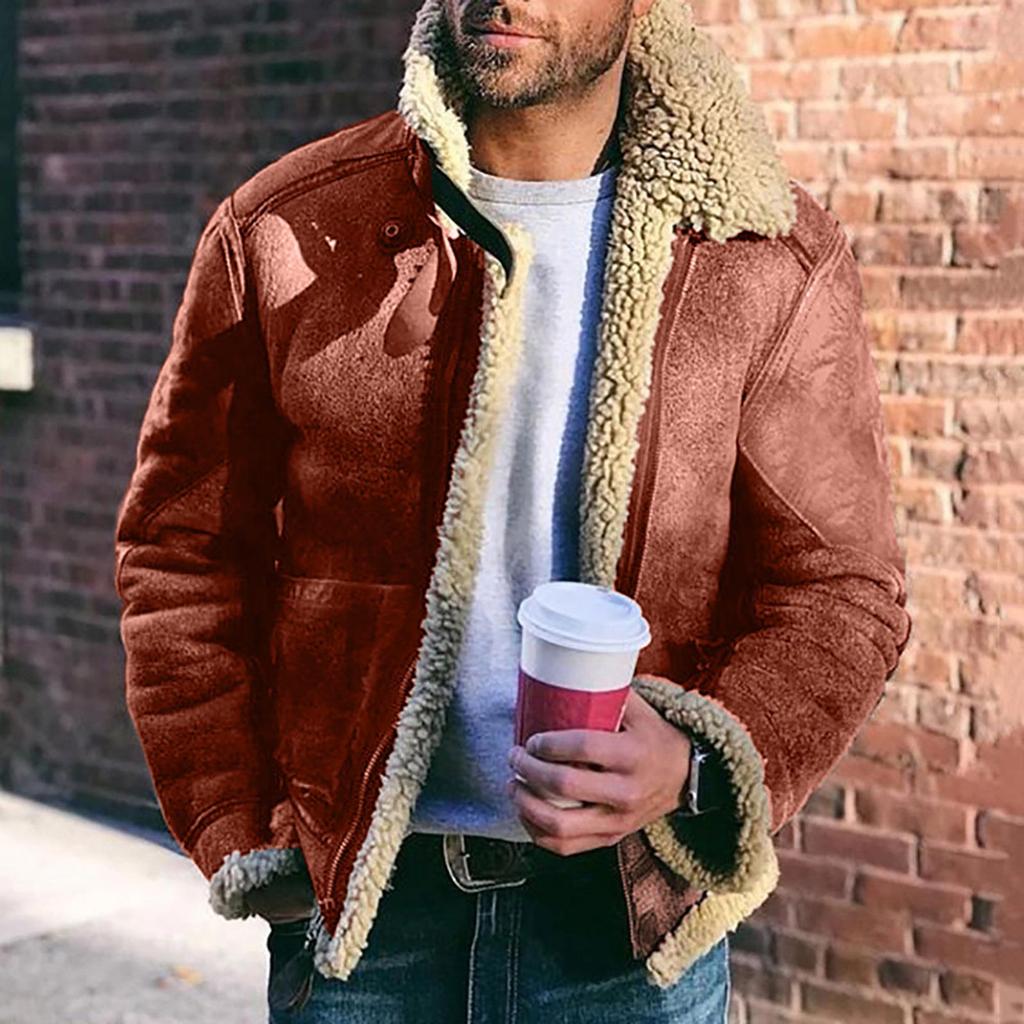 Men's Faux Suede Leather Outerwear with Large Lapel and Short Belt