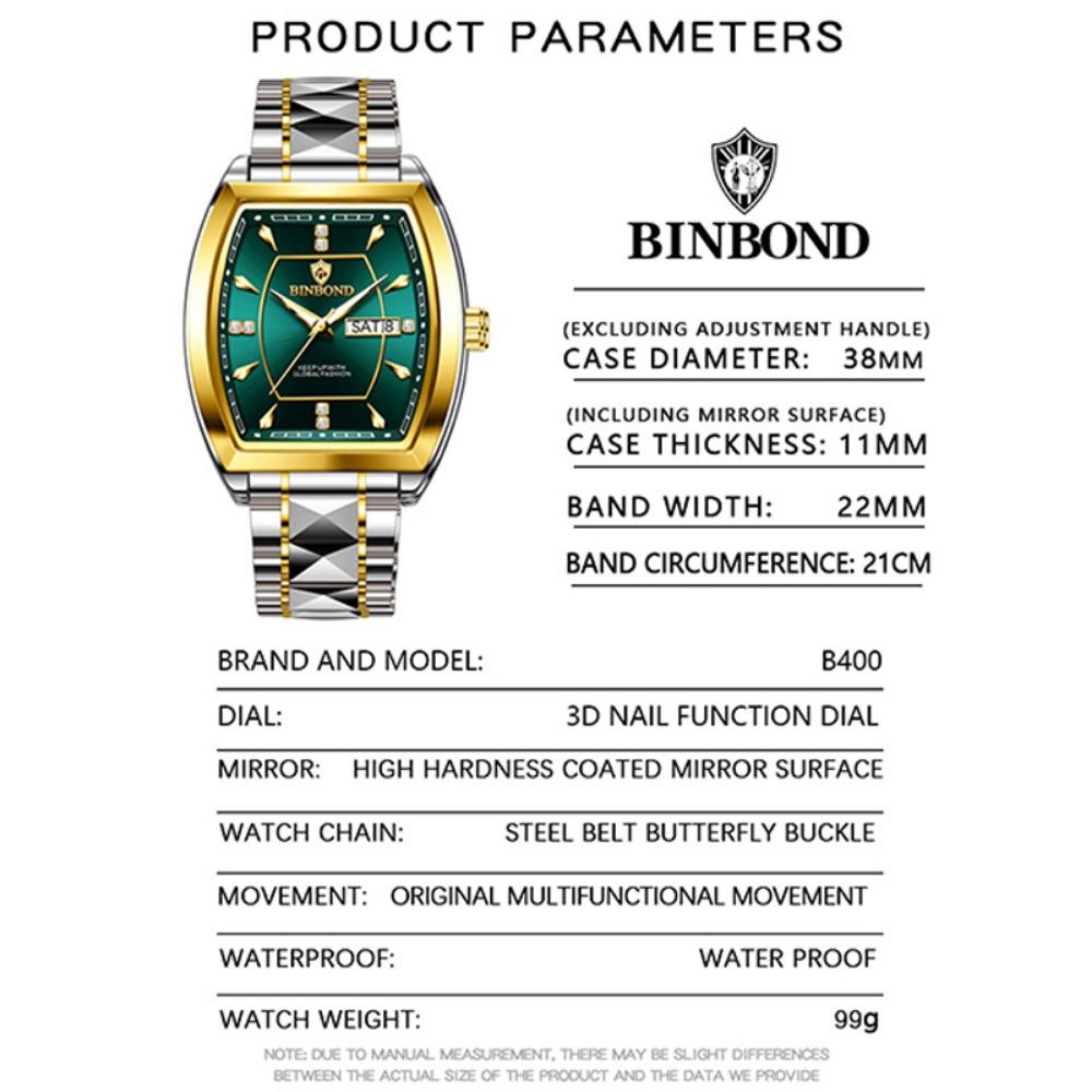 BINBOND B400 Top Brand Quartz Waterproof Watches For Men Luxury Diamond Dial Elegant Stainless Steel Luminous Business Men Watch