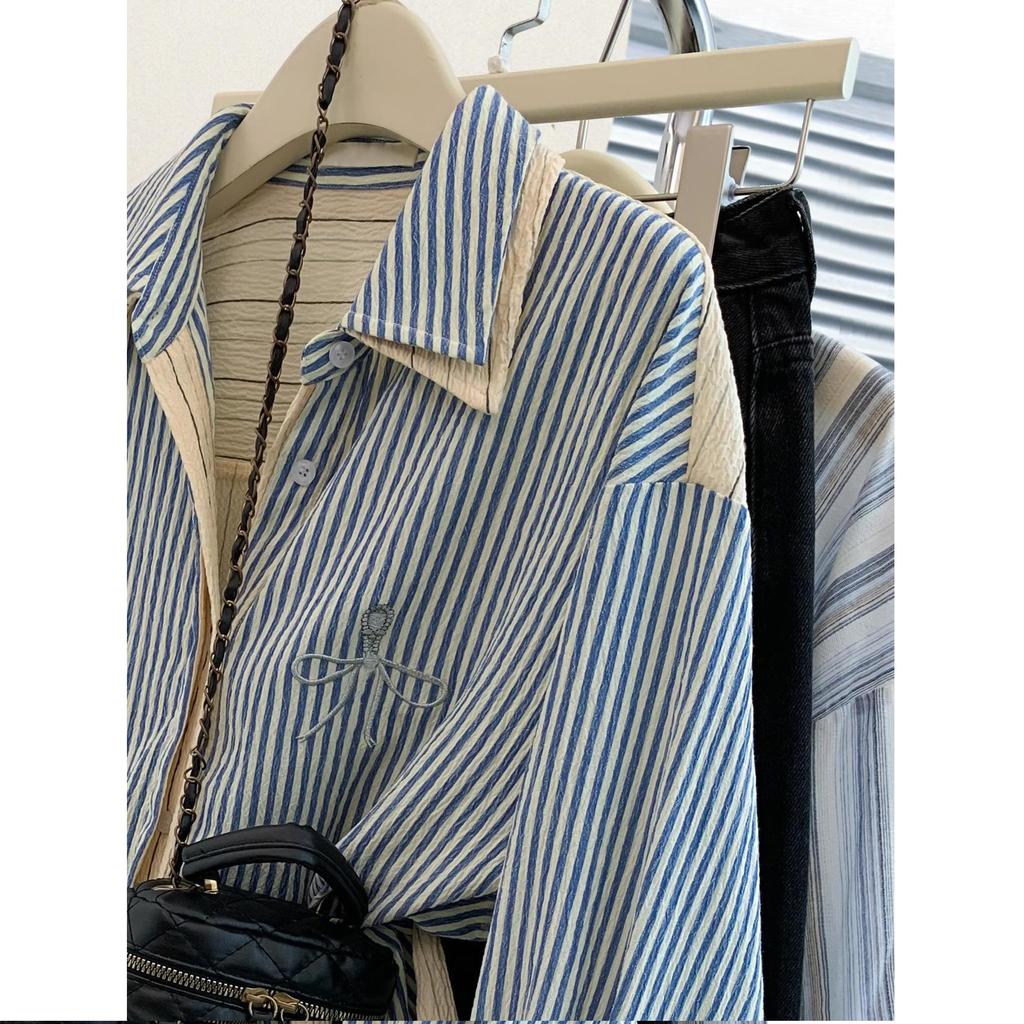 Striped Front Shoulder Fake Two-piece Shirt Jacket for Women In Autumn and Winter, Korean Style High-end Feeling, Short Long Sleeved Shirt Top