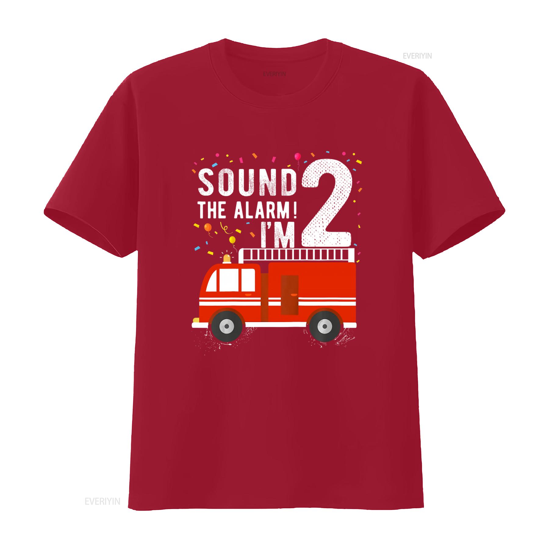 2nd Birthday Boy T Shirt Kids Fire Truck Sound The Alarm Im 2 Design vintage Washed Top For Everyday Wear Unisex Comfortable S