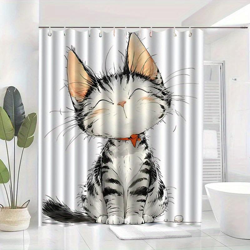 Cute Cartoon Kitten Shower Curtain Machine Washable All Season Waterproof Privacy Protection 2D Print Animal Design Adorable