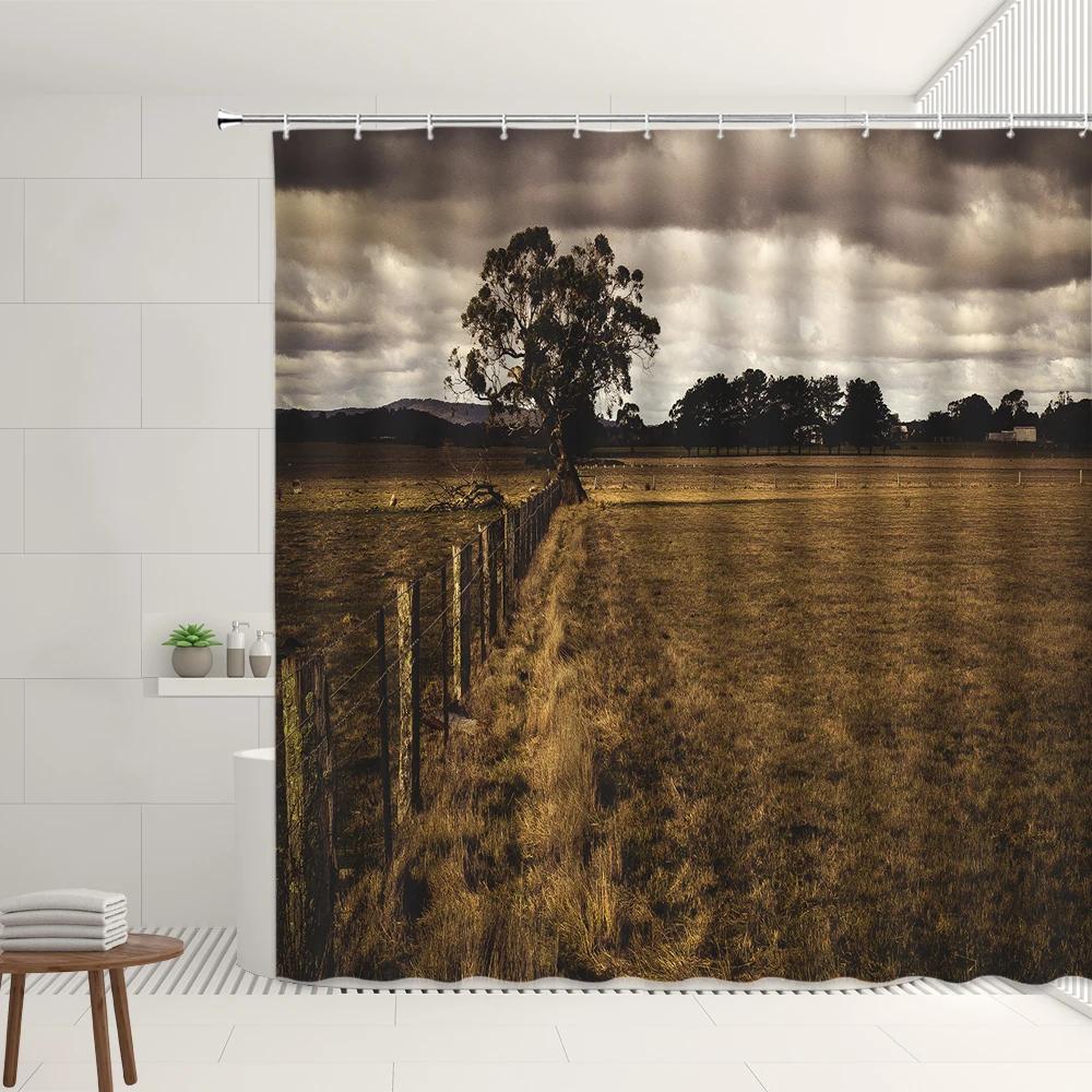 

Farm Scenery Shower Curtain Old Retro Farmhouse Green Bamboo Forest Tree Autumn View Garden Decor Wall Covering Bathroom Screens W90XH180cm