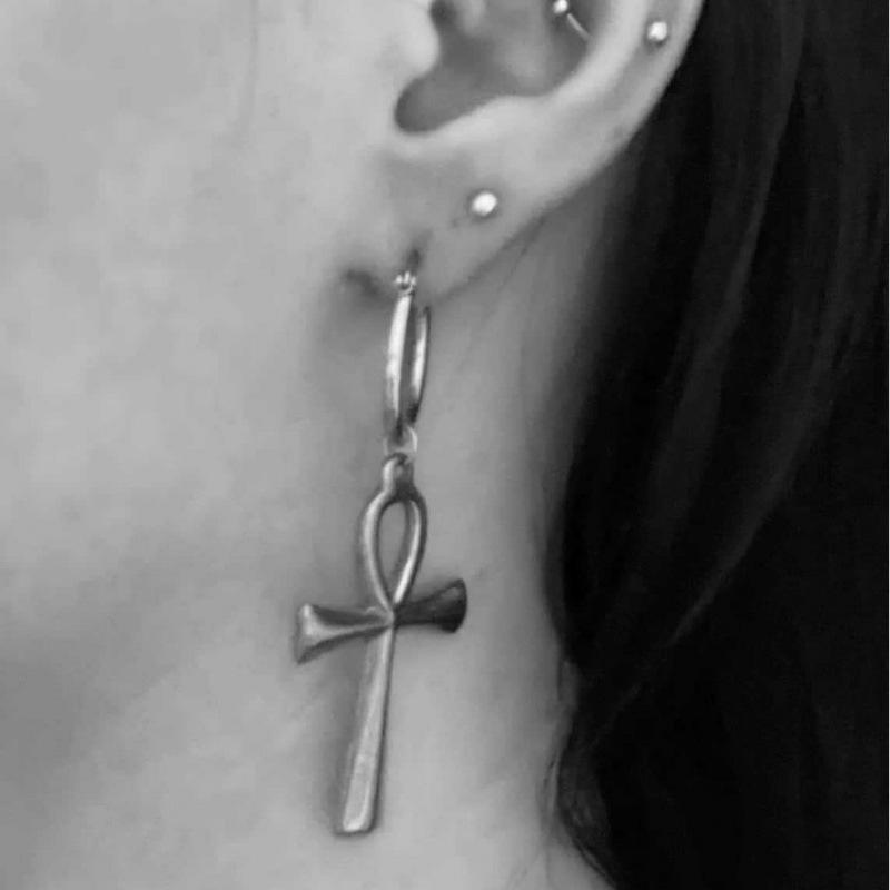 Egyptian Pharaoh Cross Necklace and Earrings - Stainless Steel Gothic Jewelry