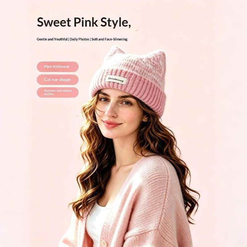 Fuzzy Knit Cat-Ear Beanie Warm Plush Lined Thermal Winter Hat for Women Casual Street Wear Outdoor Daily Use