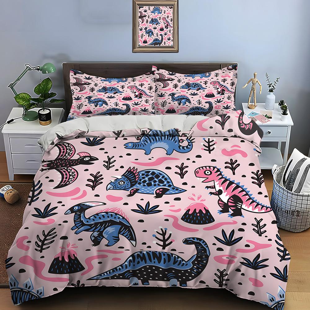 Cartoon-Dinosaurier mit vulkanischem Hintergrund Bettwäsche-Set 1 Bettbezug 2 Kissenbezüge für Erwachsene und Kinder Luxuriöses Geschenk Vollgröße