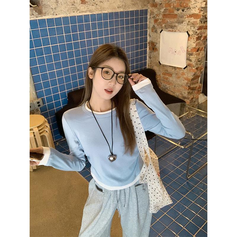 Contrasting color splicing fake two-piece front shoulder long-sleeved T-shirt for women's spring folds, waist and thin round neck bottoming inner top