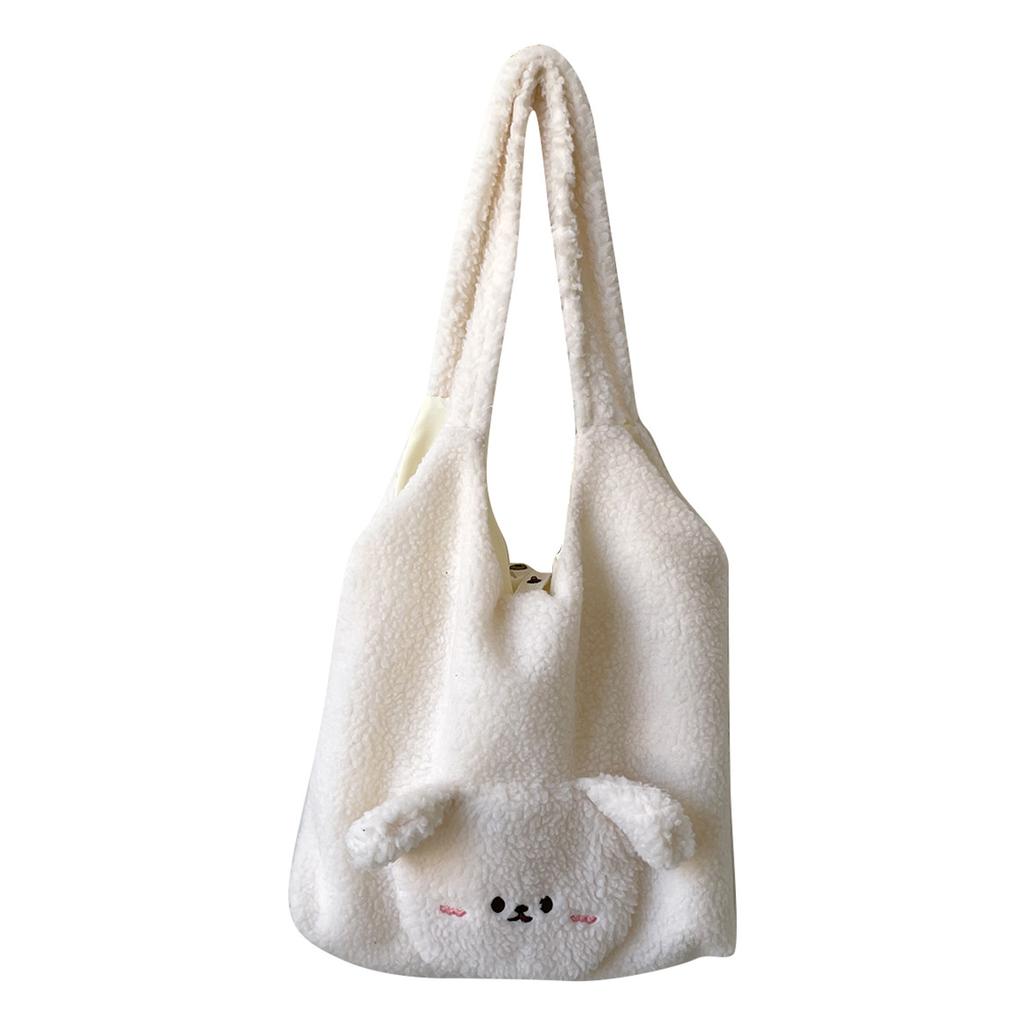 Cute Bear Faux Lamb Wool Women's Shoulder Bag Fall Winter Large Capacity Female Tote Bag Cartoon Embroidery Ladies Messenger Bag