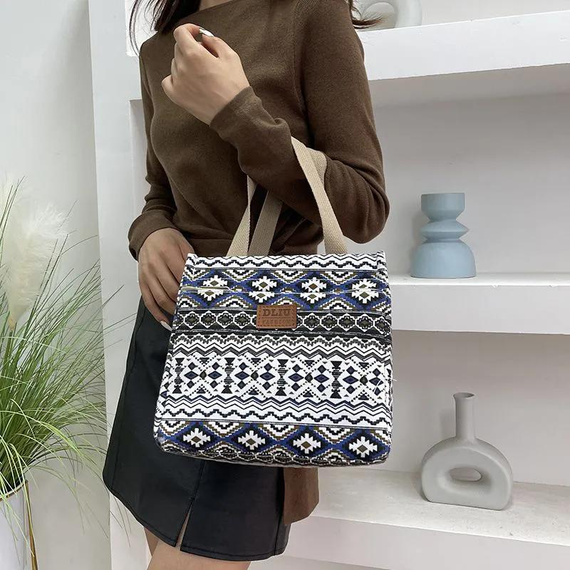 WTEMPO Canvas Lunch Box Handbags Aluminum Foil Insulated Work Hand-carried Lunch Bag Ethnic Style Retro Mommy Bags
