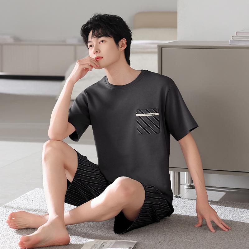 1011 New Men's Pajamas Summer Cotton Short Sleeve Shorts Large Size Thin Loose Casual Style Homewear Set