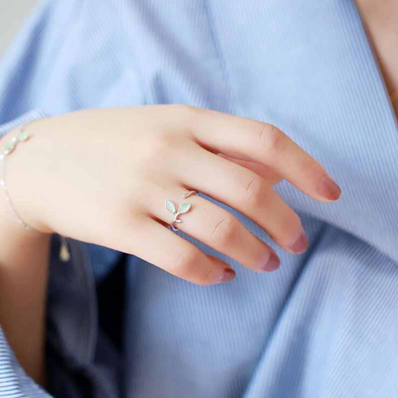 Xiaomi Hot Sale Korean Green Opal Leaf Leaves 925 Sterling Silver Open Rings for Women Girls Ladys Fashion Jewelry Gift YRI135