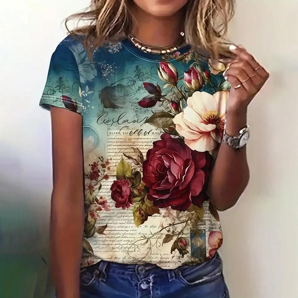 Summer Women's Rose Y2K Pattern Short Sleeve Summer Crew Retro T-shirt