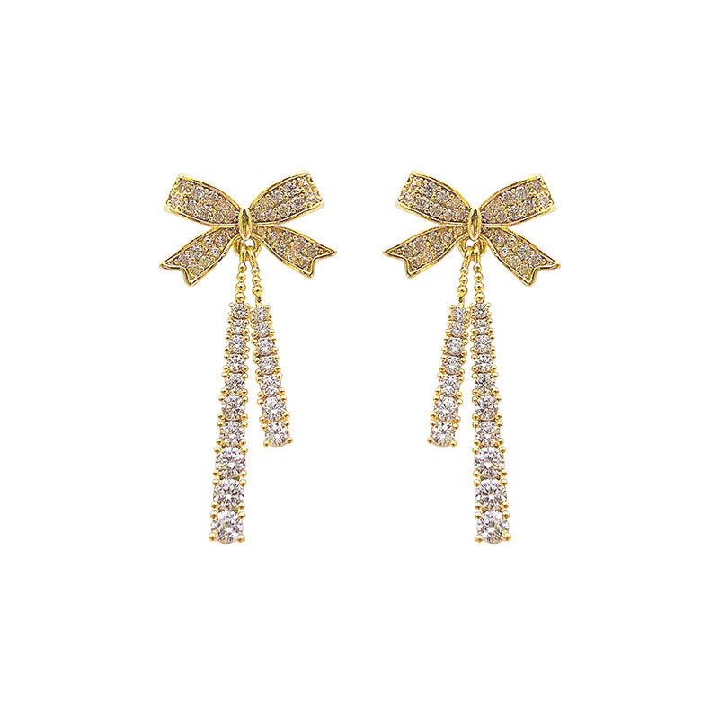 French Bow Full Diamond Tassel Earrings Sweet Earrings Make Your Face Look Thin