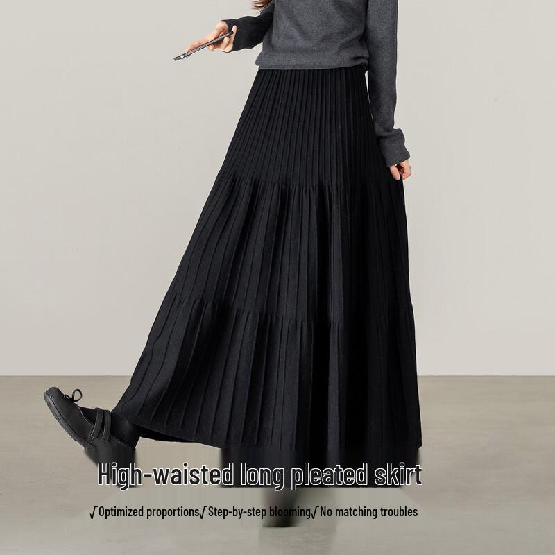 High-Waisted Pleated Knitted A-Line Midi Skirt