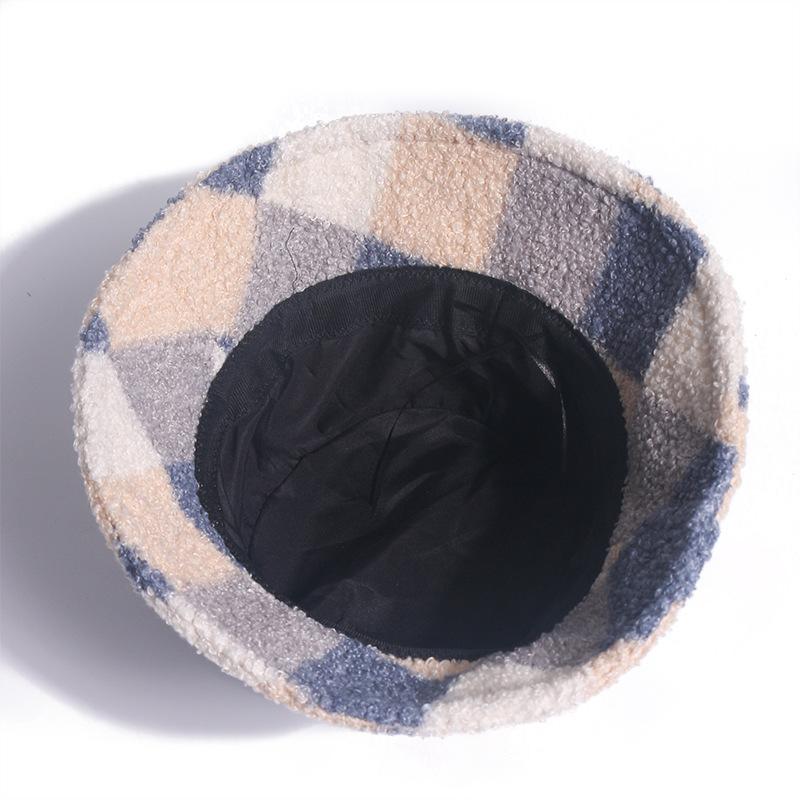 Autumn Adult Bucket Hat Autumn and Winter Women's Japanese Lamb Wool Plaid Basin Hat Travel Warm Plush Hat Tide
