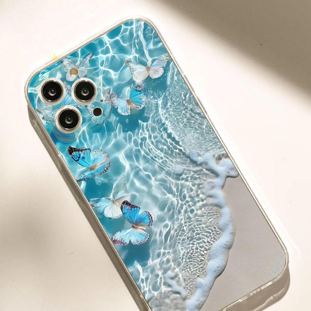 Seaside Blue Butterfly Transparent Anti-Drop Case for iPhone 14/15/16/17 Pro Max Series