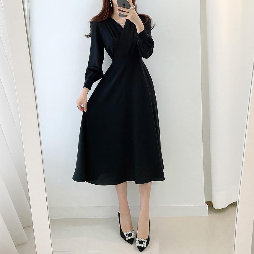 Harajuku V-neck Puff Sleeve A-line Maxi Dresses for Woman Women Solid Color Midi Robe Korean Office Dresses Elegant Spring 2026