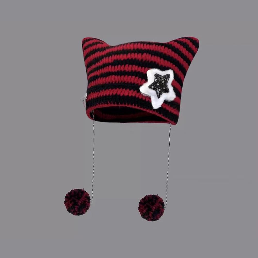 

Korean Style Handmade Crochet Caps Cat Ears Woman Winter Hat Striped Woman Winter Hat Pointed Pullover Hats Y2K Wool Knitted Hat
