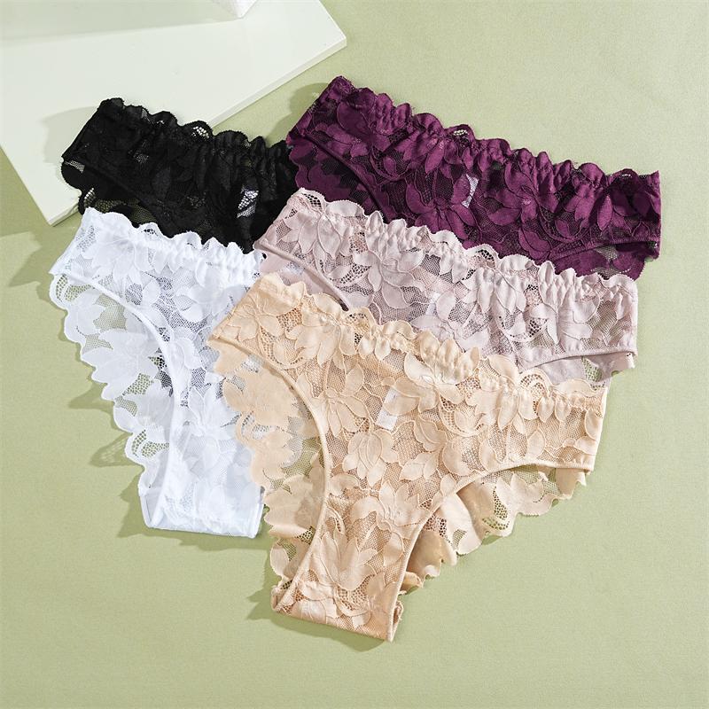 FINETOO 2Pcs Women's Satin Floral Lace Underwear Sexy Hollow Out Panties Solid Low-Waist Perspective Briefs Girls Soft Lingerie
