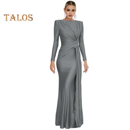 

Женское вечернее платье с плиссировкой и декором в виде узла, облегающее, с круглым вырезом сзади, застежкой-молнией, полной длины, для свадебной вечеринки, выпускного вечера, макси-платье L серый