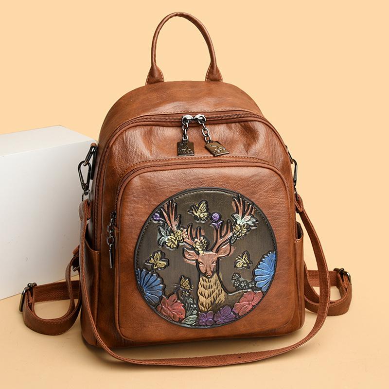 Printed Large Capacity Backpack Women's Retro PU Backpack