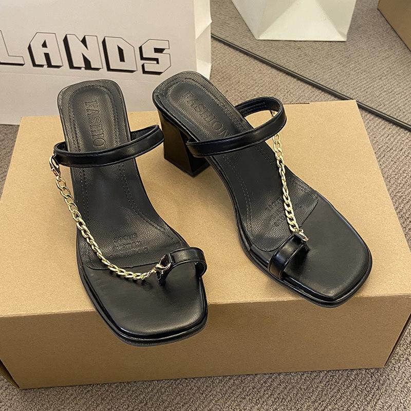

Шлепанцы на толстом каблуке с квадратным носком, женская уличная обувь, новинка лета 2025, сандалии для пляжа под юбку 40 чёрный