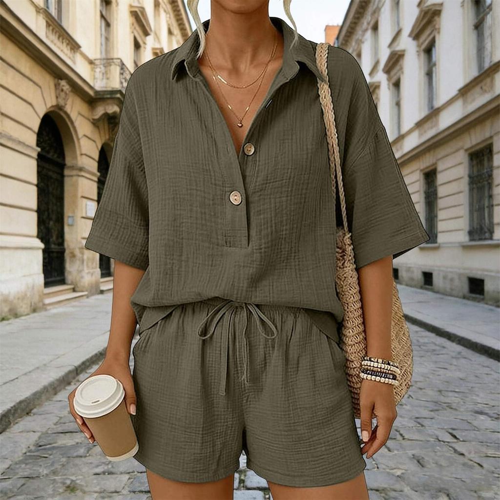 Women Casual Two Piece Set Lightweight Button Down Shirt and Drawstring Waist Shorts Relaxed Fit Summer Outfit