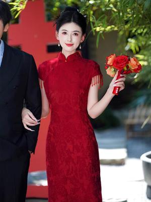 Lace Jacquard Crescent Sleeve Long Cheongsam Dress - 2025 New Style for Mother’s Wedding Banquet
