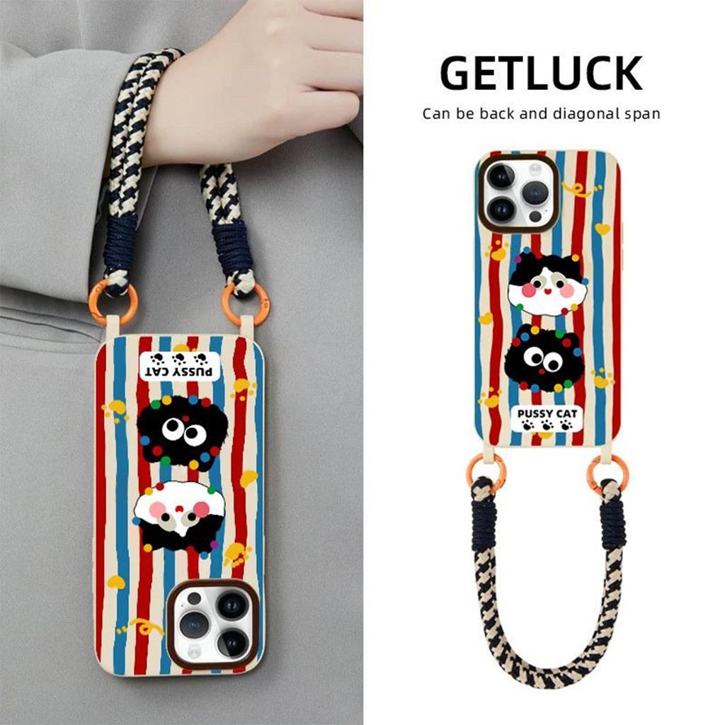 Hanging Rope Card Bag Phone Case Striped Cat for Apple 17PROMAX Cooling Temperament Shell Bracelet Phone Case