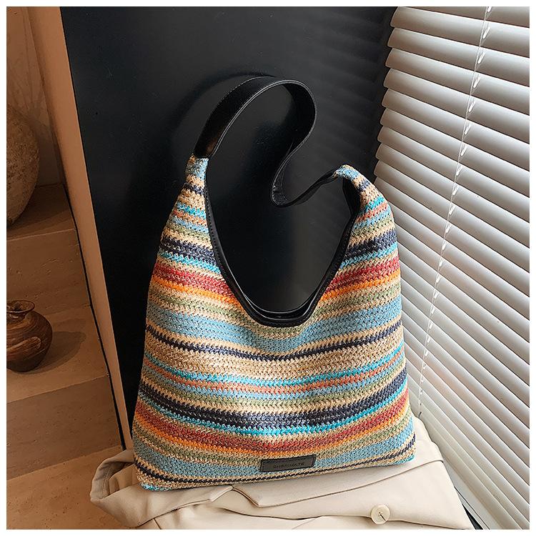 

Spring new striped simple shoulder bag popular woven simple bag women s large-capacity leisure bag