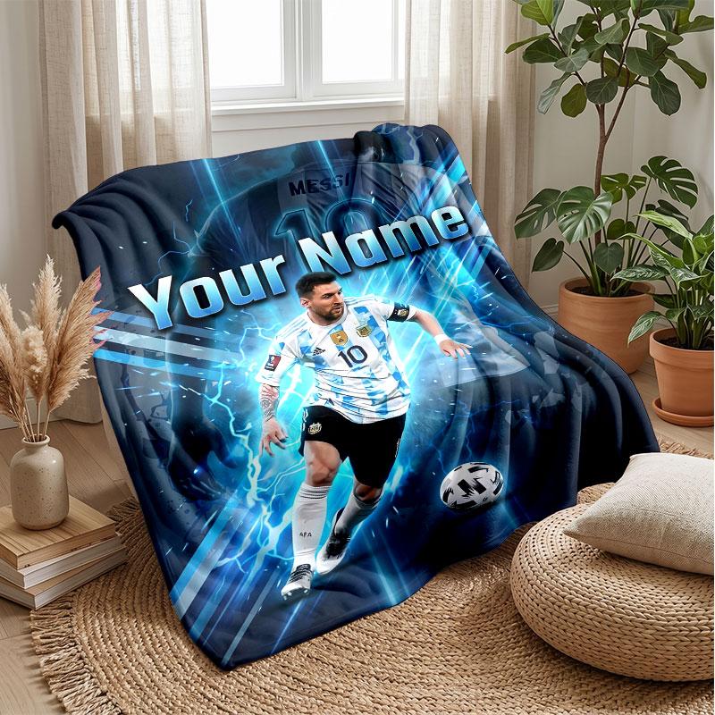 Coperta in Flanella con Testo Nome Personalizzato Lionel Messi Logo Calcio Plaid in Pile Personalizzato Regalo Speciale per Divano Camera da Letto Casa