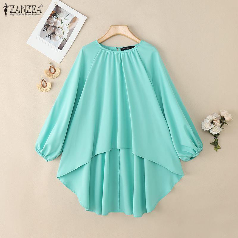 ZANZEA Women Casual Round Neck Loose Long Sleeve Asymmetrical Hem Cover Up Blouse
