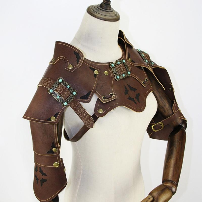 Medieval Faux PU Leathers Costume Armour Halloween Cosplay Warrior Armors Shoulder Armour, Double Shoulder Guard Harness