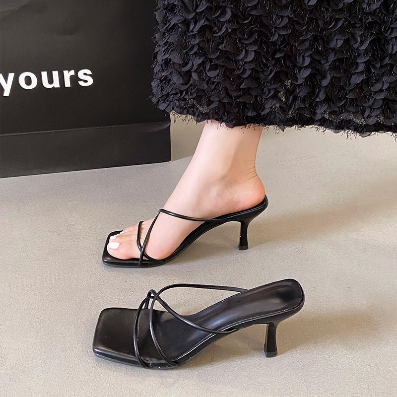 French thin strap square head one-word sandals women niche high-heeled sandals women 2025 summer silver fine heel temperament versatile