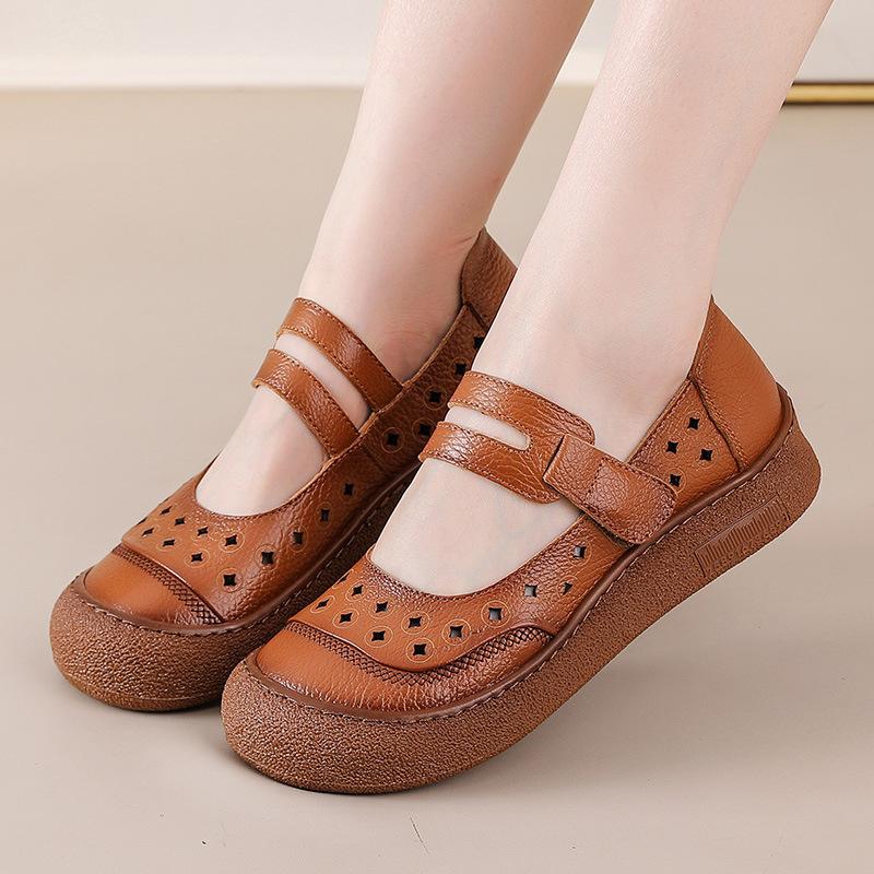 Neue Naturleder-Ortho-Sandalen für Damen Sommer Aushöhlen Flats Schuhe ältere Frau Mary Jane Slipper Riemen Slipper Mokassin