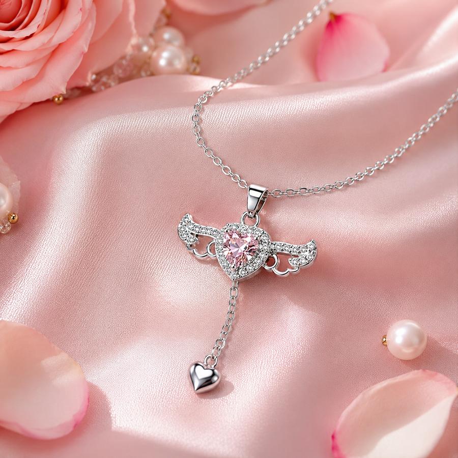 Collana Certificata in Argento Puro S999 con Ali d'Angelo, Ciondolo a Goccia Y con Cuore di Cupido e Cristallo Rosa, Gioiello Romantico Fairycore Regalo per Lei
