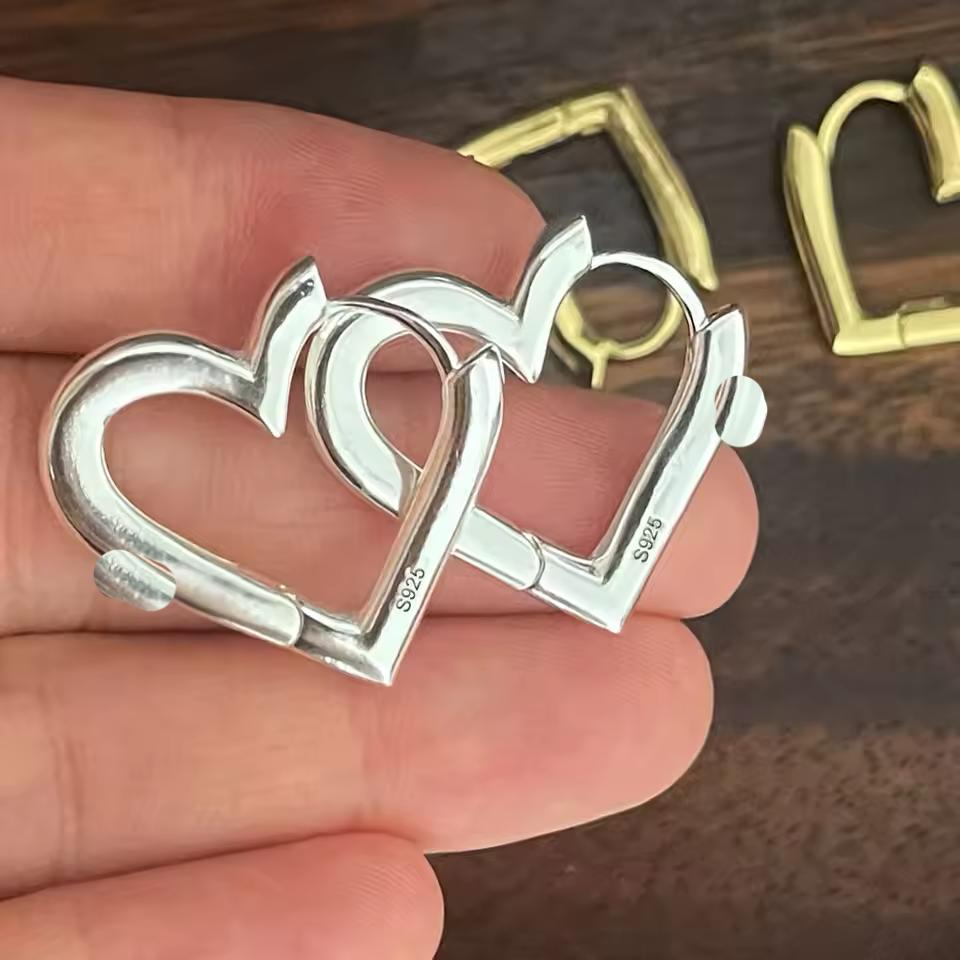 

925 Sterling Silver Earrings For Women Geometric Trendy Simple Big Heart Earring Jewelry Prevent Allergy Party Accessories