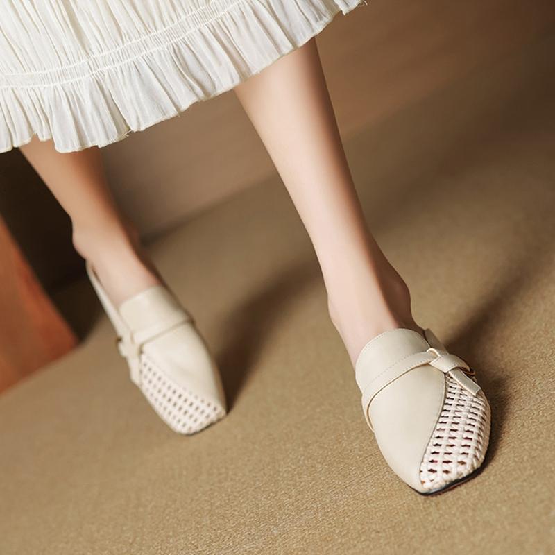 Fashion NEW Summer Women Mules Genuine Leather Shoes for Women Square Toe Chunky Heel Shoes Cover Toe Slingback Sandals Weave Slippers