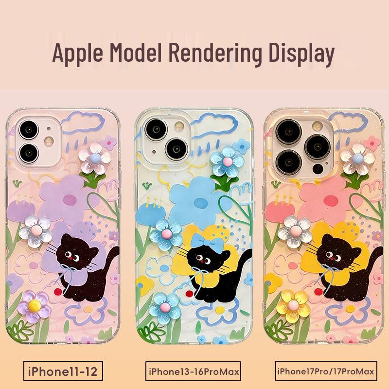 3D Dopamine Flower Cat iPhone Case for 16 Pro/17 Pro Max - Drop-Proof, Soft Cover
