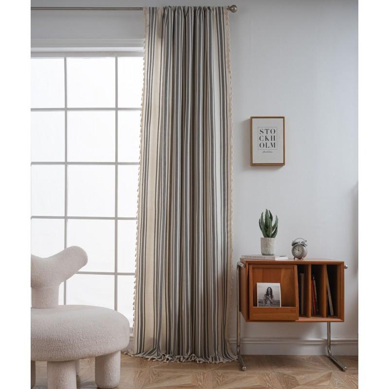 French Style Woven Stripe Cotton Linen Curtain Kitchen Dining Room Semi-Sheer Window Treatment Rod Pocket Grommet Hook
