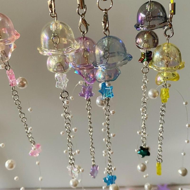 Unique Crystal Jellyfish Pendant Keychain Charming Star Pearl Mobile Phone Chain for Bags Backpack Star Phone Lanyard