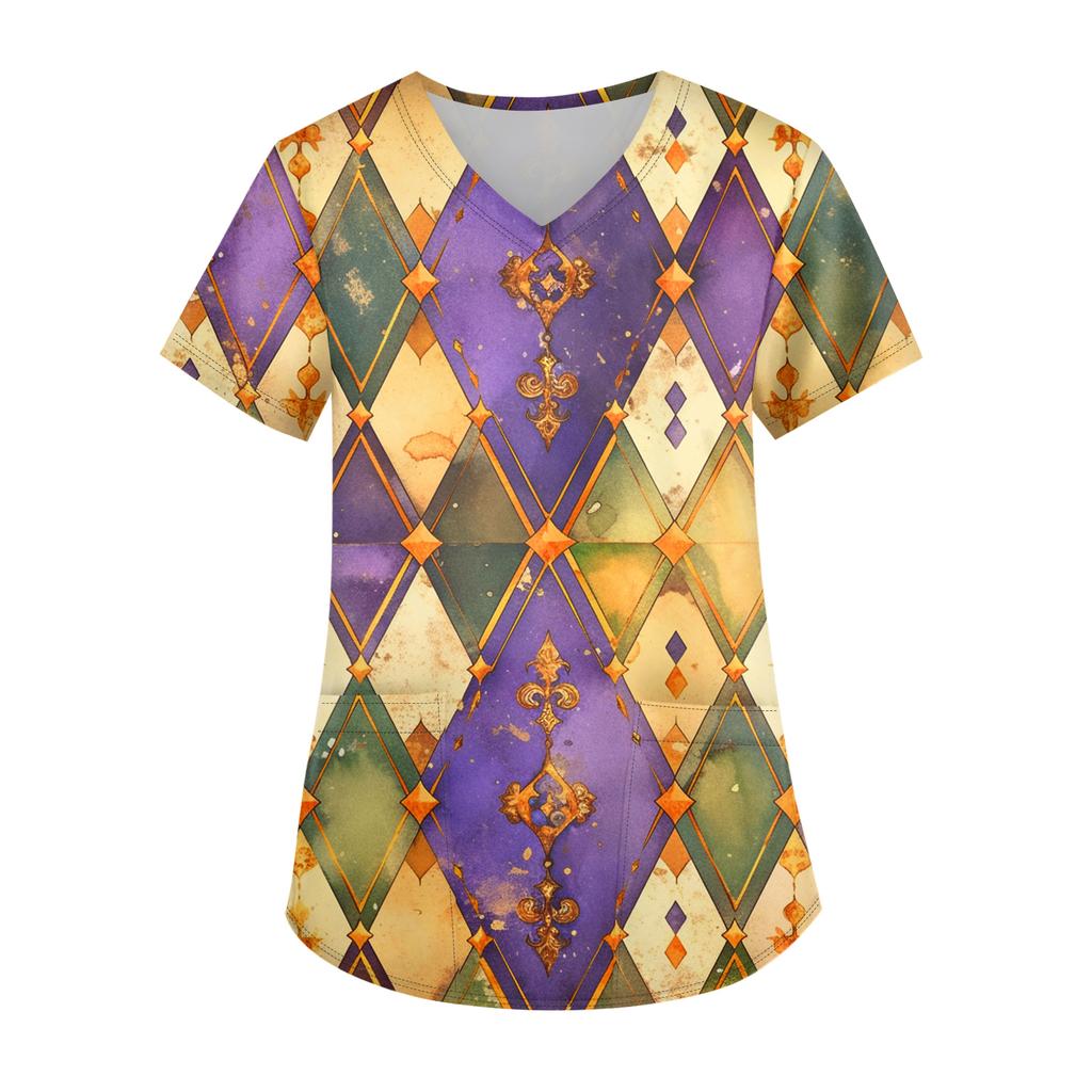 Ladies' Carnival Printed Fashion V-neck Pocket Short Sleeved Nurse's Wear And Worker's Top