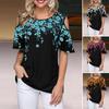 Women T-shirt Round Neck Cold Shoulder Short Sleeve Tee Shirt Loose Fit Flower Print Casual T-shirt Daily Wear