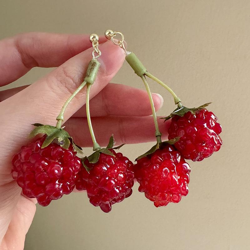 Ins Style Sweet Red Raspberry Drop Earrings Minimalist Unique Design Smart Playful Versatile Temperament Girl Pierced Jewelry