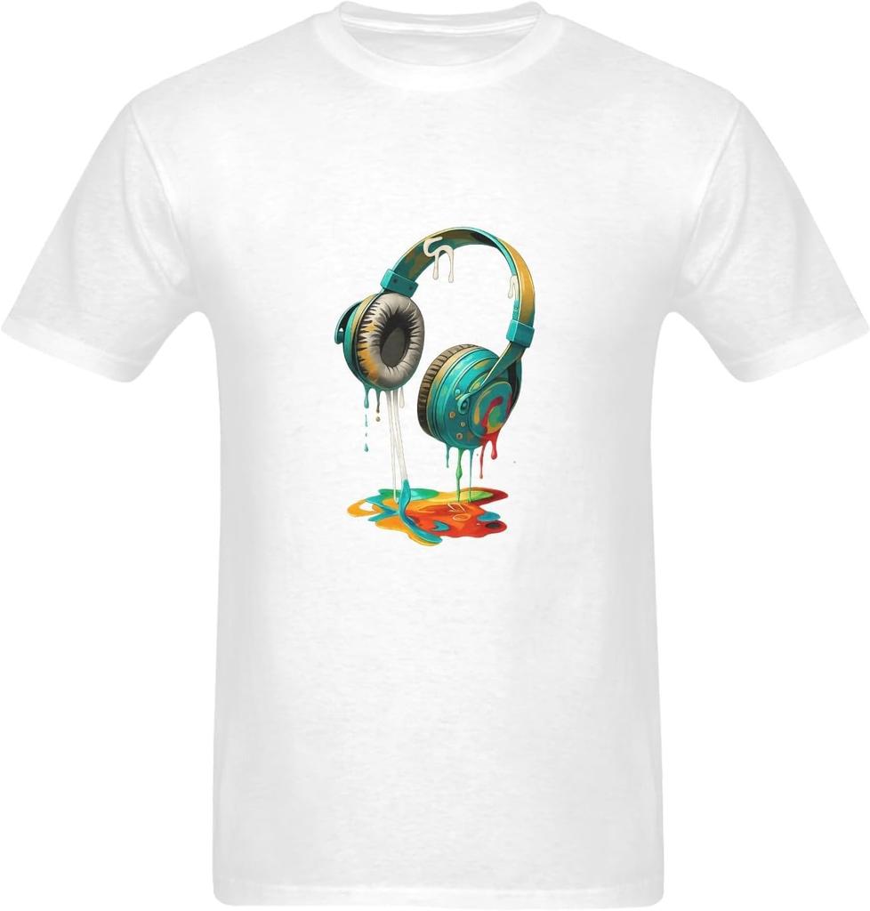Stylowy Męski T-shirt 100% Bawełna Kolorowe Słuchawki Grafika Malarska Drip Paint Letni Codzienny T-shirt Top Modny Streetwear