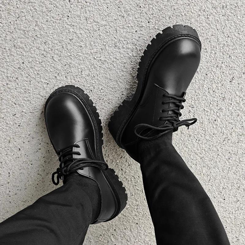 British Style Mens Derby Shoes Round Toe Chunky Sole Formal Shoes Comfortable Leather Business Casual Footwear Platform Sneakers