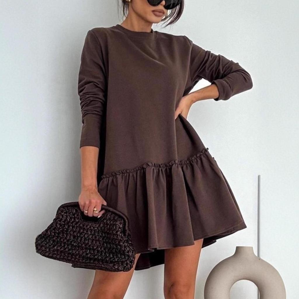 Elegantní evropské a americké plisované jednobarevné dlouhé šaty s volánkovým kulatým výstřihem